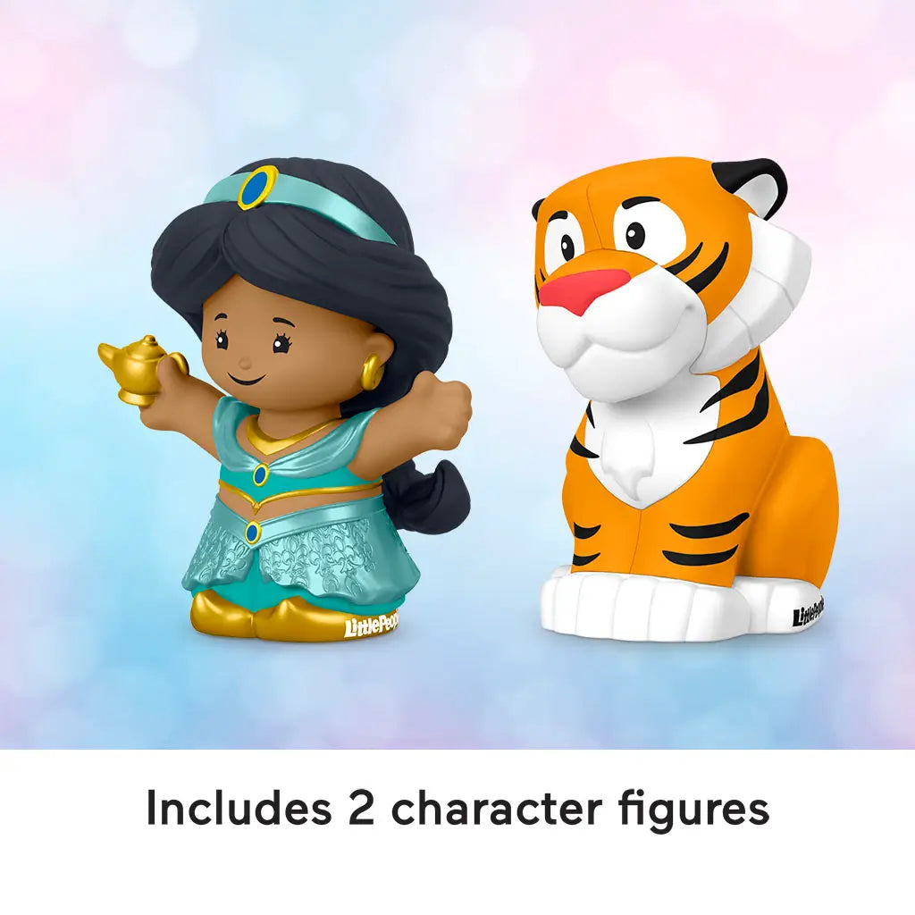 Disney Princess Jasmine and Rajah toy figures Little People in teal, gold and orange plastic, smooth rounded character shapes, imaginative play companions, displayed together on soft gradient studio background.