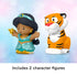 Disney Princess Jasmine and Rajah toy figures Little People in teal, gold and orange plastic, smooth rounded character shapes, imaginative play companions, displayed together on soft gradient studio background.