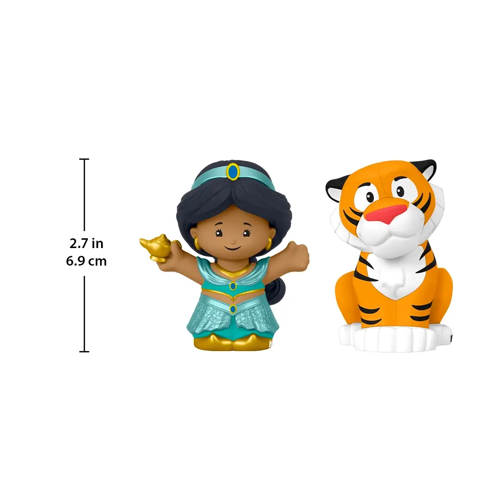 Disney Princess Jasmine and Rajah toy figures Little People with teal and orange plastic colors, smooth rounded shapes, character toys with measured height scale, product size reference on white background.