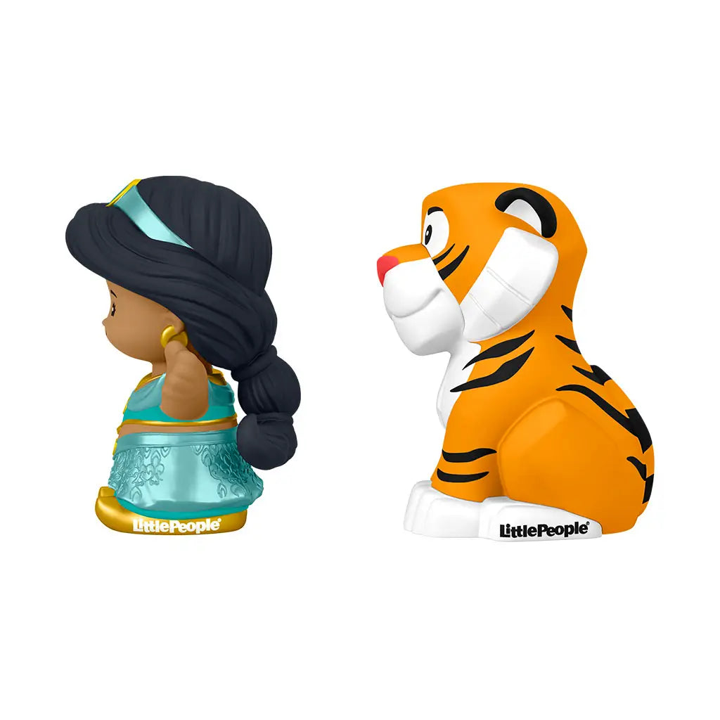 Disney Princess Jasmine and Rajah toy figures Little People with teal dress and orange striped tiger, smooth plastic texture, rounded child friendly shapes, side profile view on clean white background.