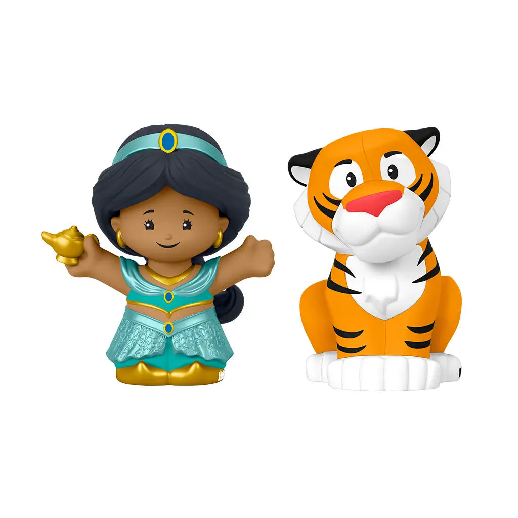Disney Princess Jasmine and Rajah toy figures Little People with glossy plastic surfaces, rounded stylized forms, teal dressed princess and orange tiger, designed for preschool play, isolated on white background.
