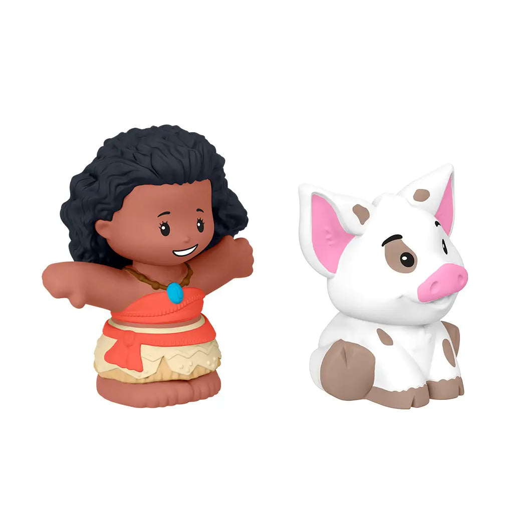 Disney Princess Moana toy set by Fisher-Price Little People showing brown Moana figure with textured hair, red and beige outfit, and white pig Pua, smooth plastic forms displayed on minimal white backdrop