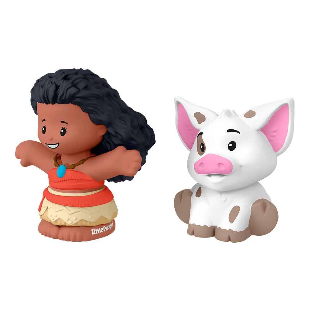 Disney Princess Moana toy angled view by Fisher-Price Little People featuring brown Moana figure in red and beige outfit and white pig Pua, smooth rounded plastic figures on soft gradient background
