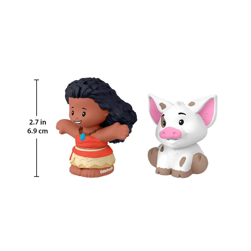 Disney Princess Moana toy size comparison by Fisher-Price Little People with brown Moana figure and white pig Pua, measurement graphic showing 2.7 inch height, rounded plastic shapes on plain white background
