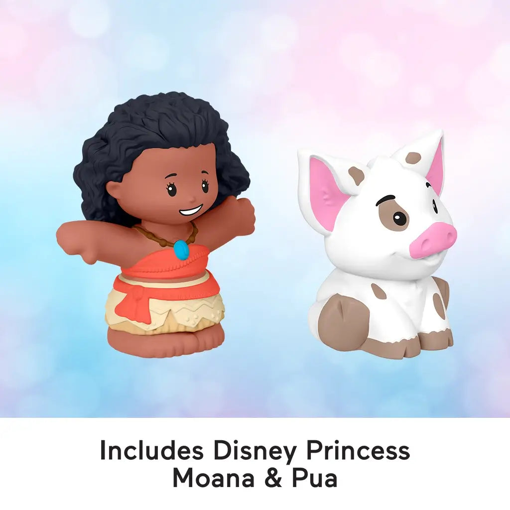Disney Princess Moana toy figures by Fisher-Price Little People showing brown Moana figure and white pig Pua on pastel gradient background, clean display with text indicating included characters