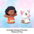 Disney Princess Moana toy figures by Fisher-Price Little People showing brown Moana figure and white pig Pua on pastel gradient background, clean display with text indicating included characters