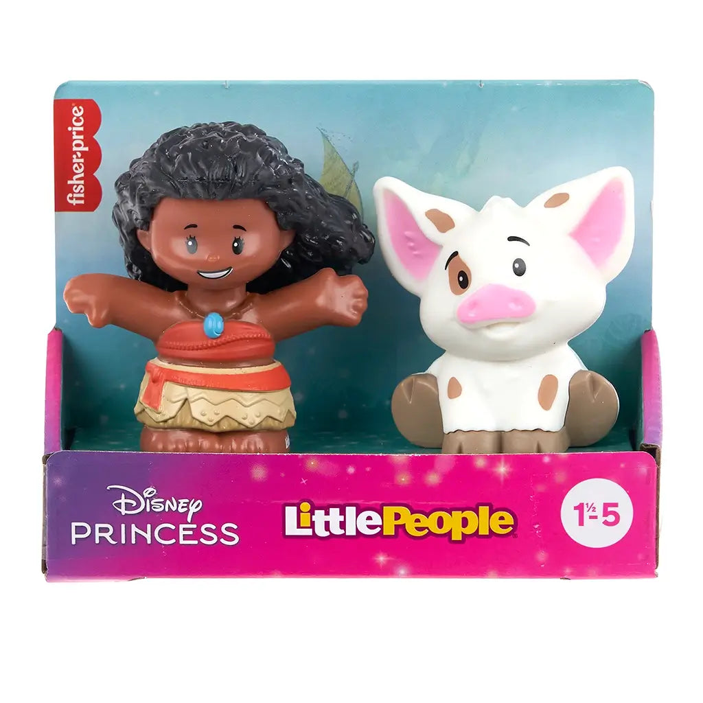 Disney Princess Moana toy set by Fisher-Price Little People featuring brown Moana figure and white pig Pua in retail box, colorful cardboard packaging with branding on display background