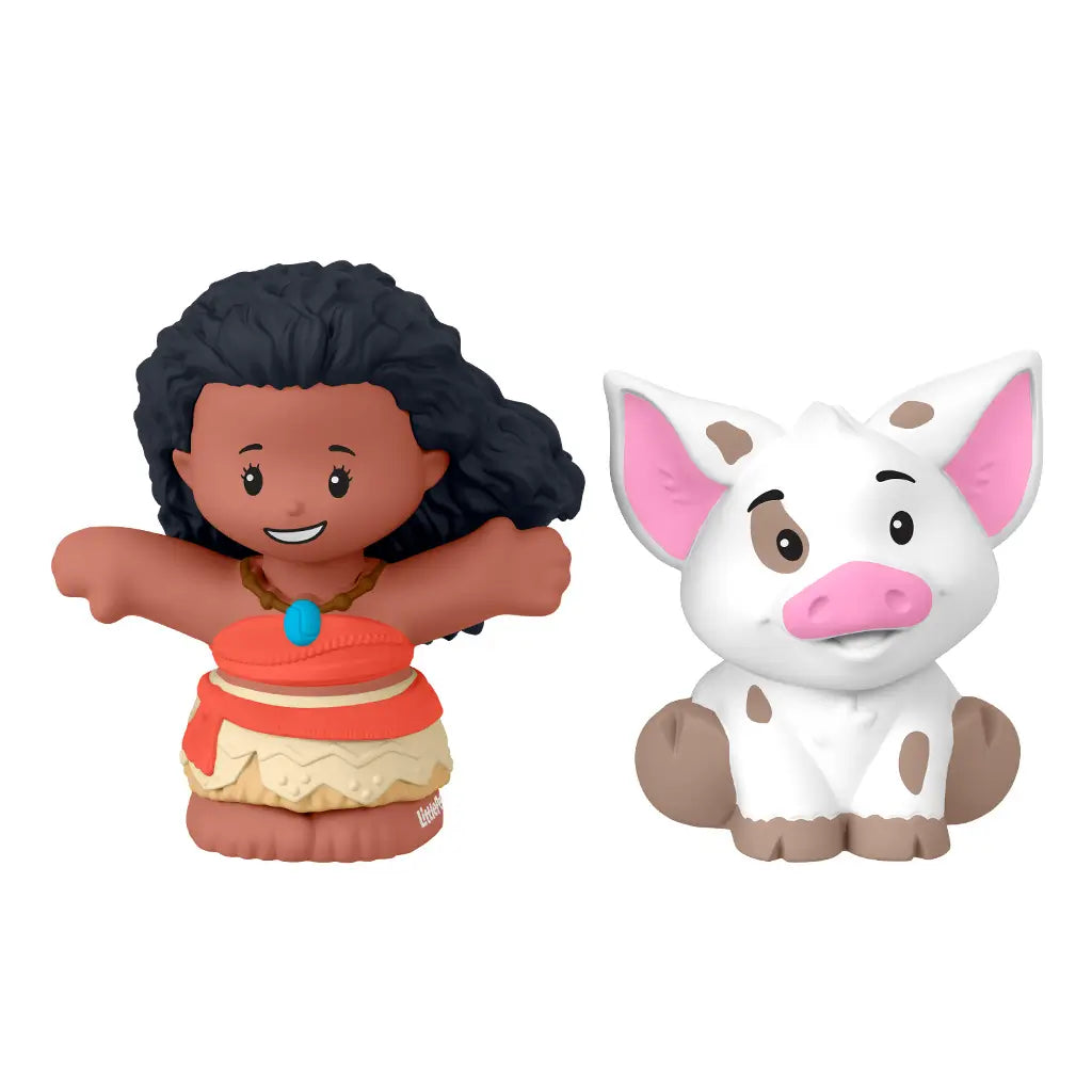 Disney Princess Moana toy by Fisher-Price Little People featuring brown plastic Moana figure with curly black hair, red top and beige skirt, alongside white and tan pig Pua, rounded shapes on clean white background