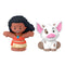 Disney Princess Moana toy by Fisher-Price Little People featuring brown plastic Moana figure with curly black hair, red top and beige skirt, alongside white and tan pig Pua, rounded shapes on clean white background