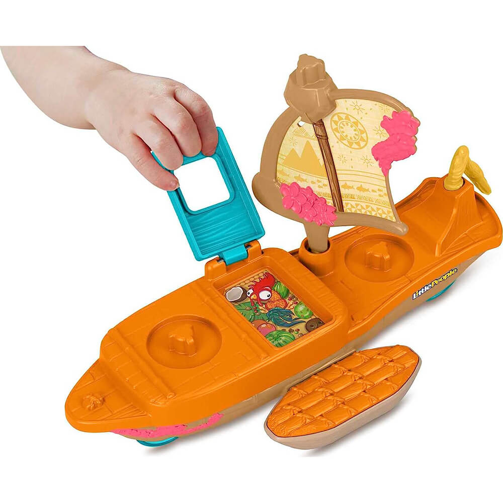 Hand opening the boat showing the chicken from the movie of the Little People Disney Princess Moana & Maui's Canoe Playset