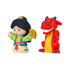 Disney Princess Mulan toy set by Fisher-Price Little People showing multicolor plastic Mulan figure with green and blue outfit and red dragon Mushu, rounded forms on clean white backdrop