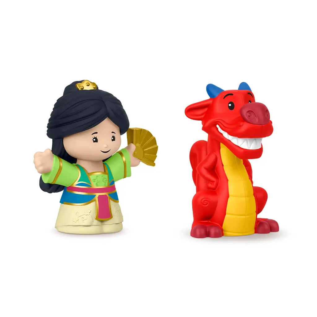 Disney Princess Mulan toy angled view by Fisher-Price Little People showing multicolor Mulan figure and bright red dragon Mushu, rounded plastic shapes on soft gradient background