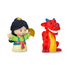 Disney Princess Mulan toy angled view by Fisher-Price Little People showing multicolor Mulan figure and bright red dragon Mushu, rounded plastic shapes on soft gradient background