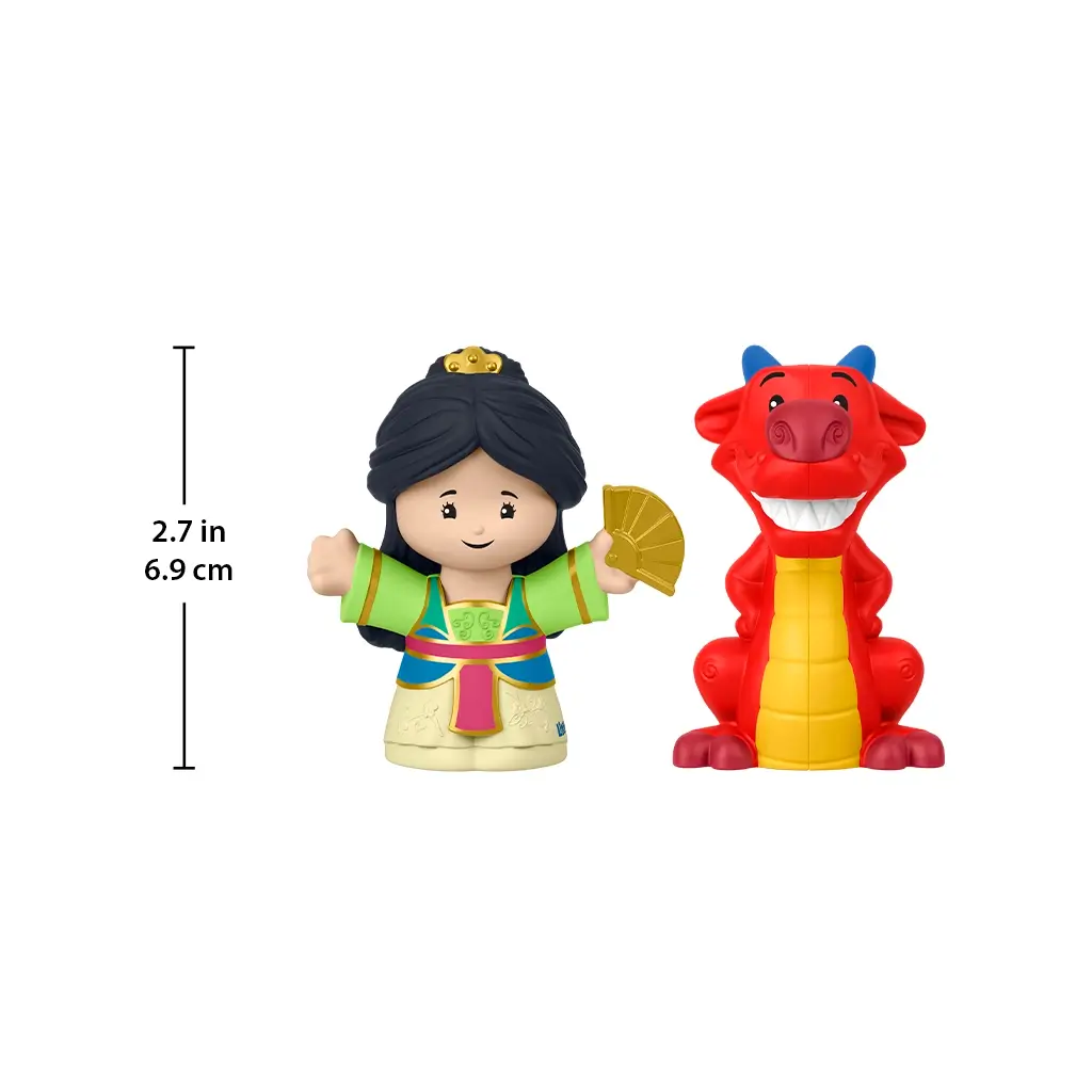 Disney Princess Mulan toy size comparison by Fisher-Price Little People with multicolor Mulan figure and red dragon Mushu, measurement graphic showing 2.7 inch height on white background