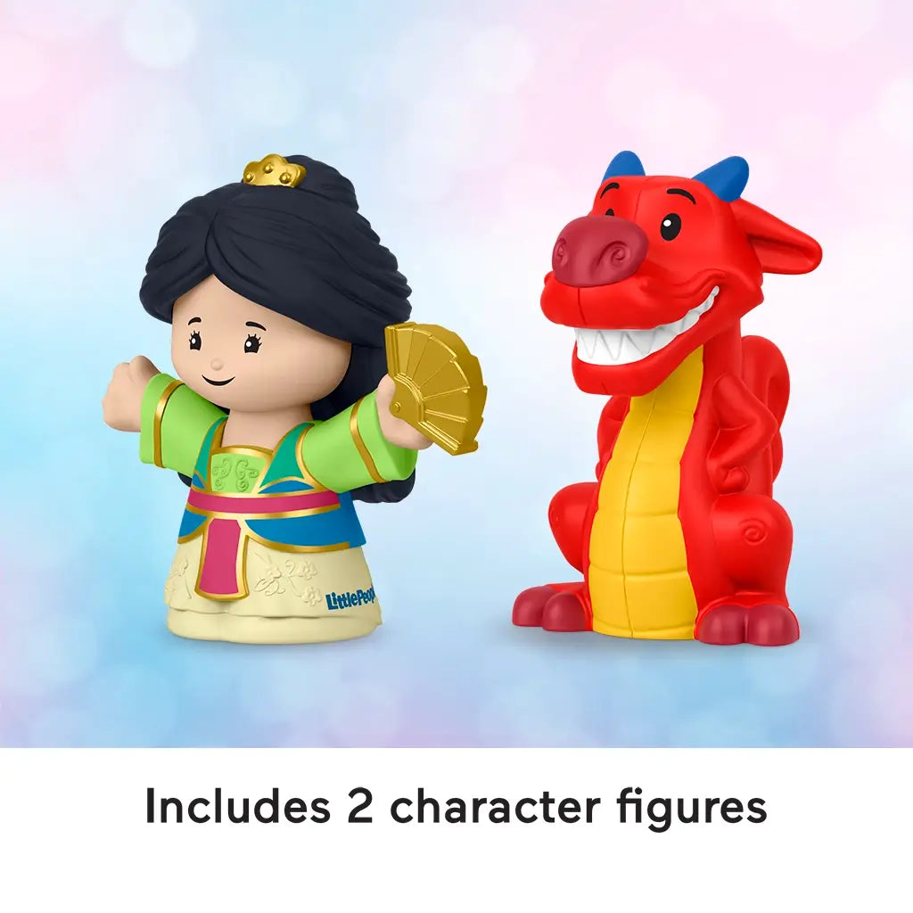 Disney Princess Mulan toy figures by Fisher-Price Little People featuring multicolor Mulan and red dragon Mushu on pastel gradient background, text indicating includes two character figures