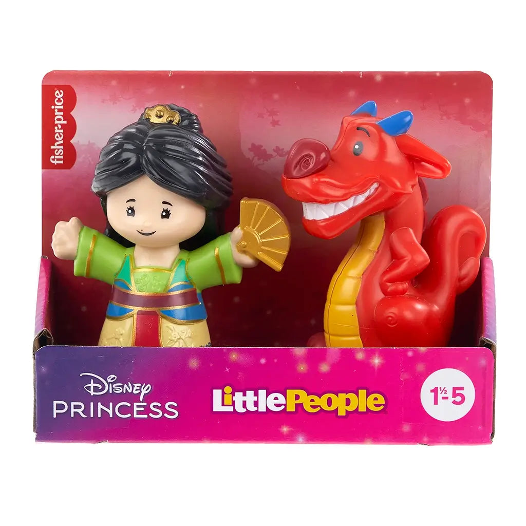 Disney Princess Mulan toy set by Fisher-Price Little People featuring multicolor Mulan figure and red dragon Mushu in retail box, bright cardboard packaging on display background