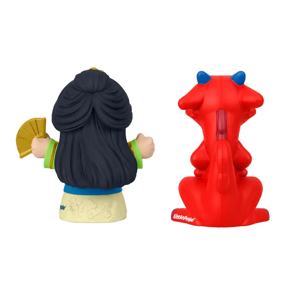 Disney Princess Mulan toy rear view by Fisher-Price Little People featuring multicolor plastic Mulan figure with black hair and red dragon Mushu, smooth rounded shapes on white background