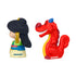 Disney Princess Mulan toy side view by Fisher-Price Little People featuring multicolor Mulan figure holding gold fan and red dragon Mushu, smooth plastic shapes on minimal white background