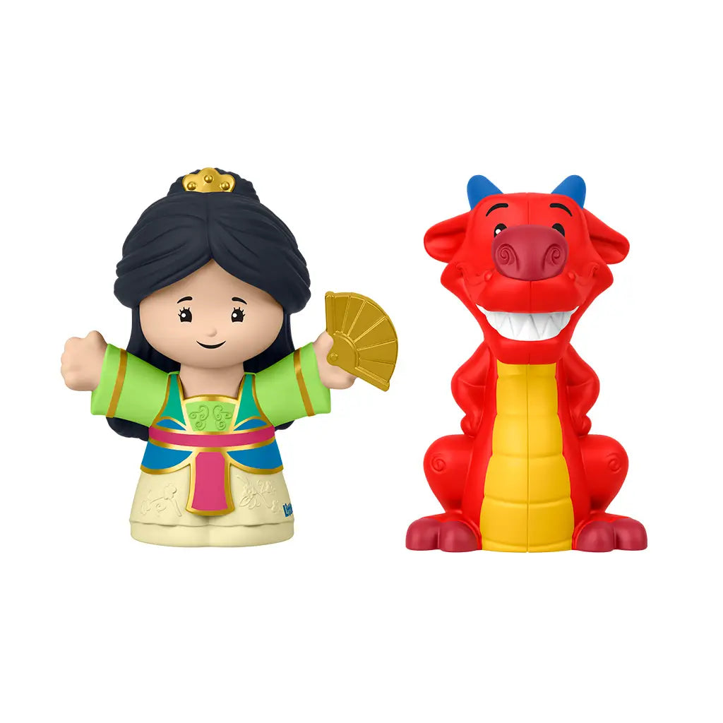 Disney Princess Mulan toy figures by Fisher-Price Little People featuring multicolor Mulan with gold fan and red dragon Mushu, smooth plastic forms displayed on clean white background