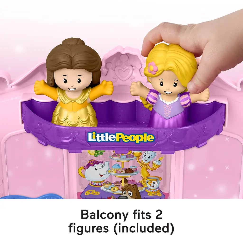 Fisher-Price Little People Disney Princess Pull-Along Musical Carriage balcony view featuring Belle and Rapunzel figures smiling together.