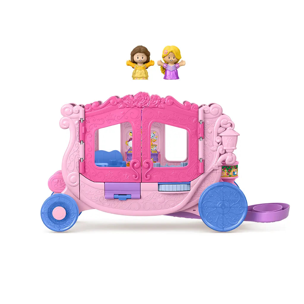 Fisher-Price Little People Disney Princess Pull-Along Musical Carriage toy with two included princess figures, Belle and Rapunzel.