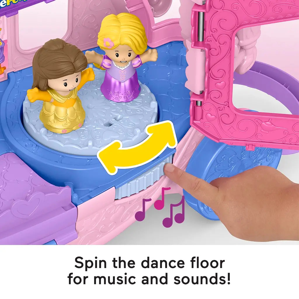 Close-up of Fisher-Price Disney Princess Pull-Along Musical Carriage showing spinning dance floor that plays music and sounds.
