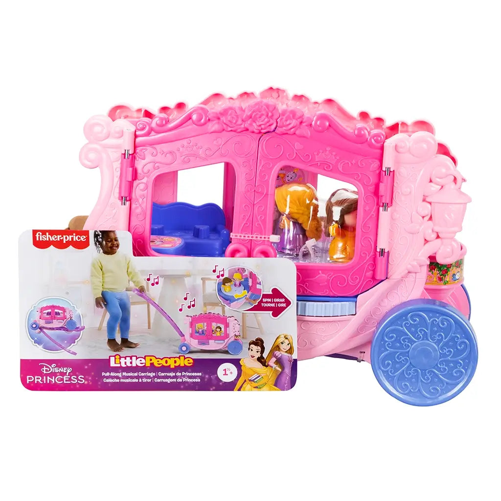 Front view of Fisher-Price Little People Disney Princess Pull-Along Musical Carriage packaging showing toy features and included princesses.