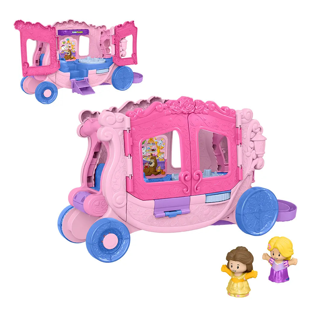Disney Princess Pull-Along Musical Carriage playset by Fisher-Price with pink carriage, blue wheels, and two princess figures.