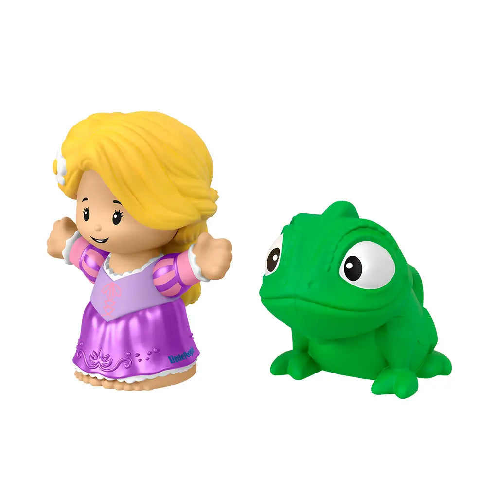Disney Princess Rapunzel and Pascal Little People toy figures in glossy plastic with rounded child friendly shapes, long haired princess in purple dress and green chameleon, angled view on clean white background.