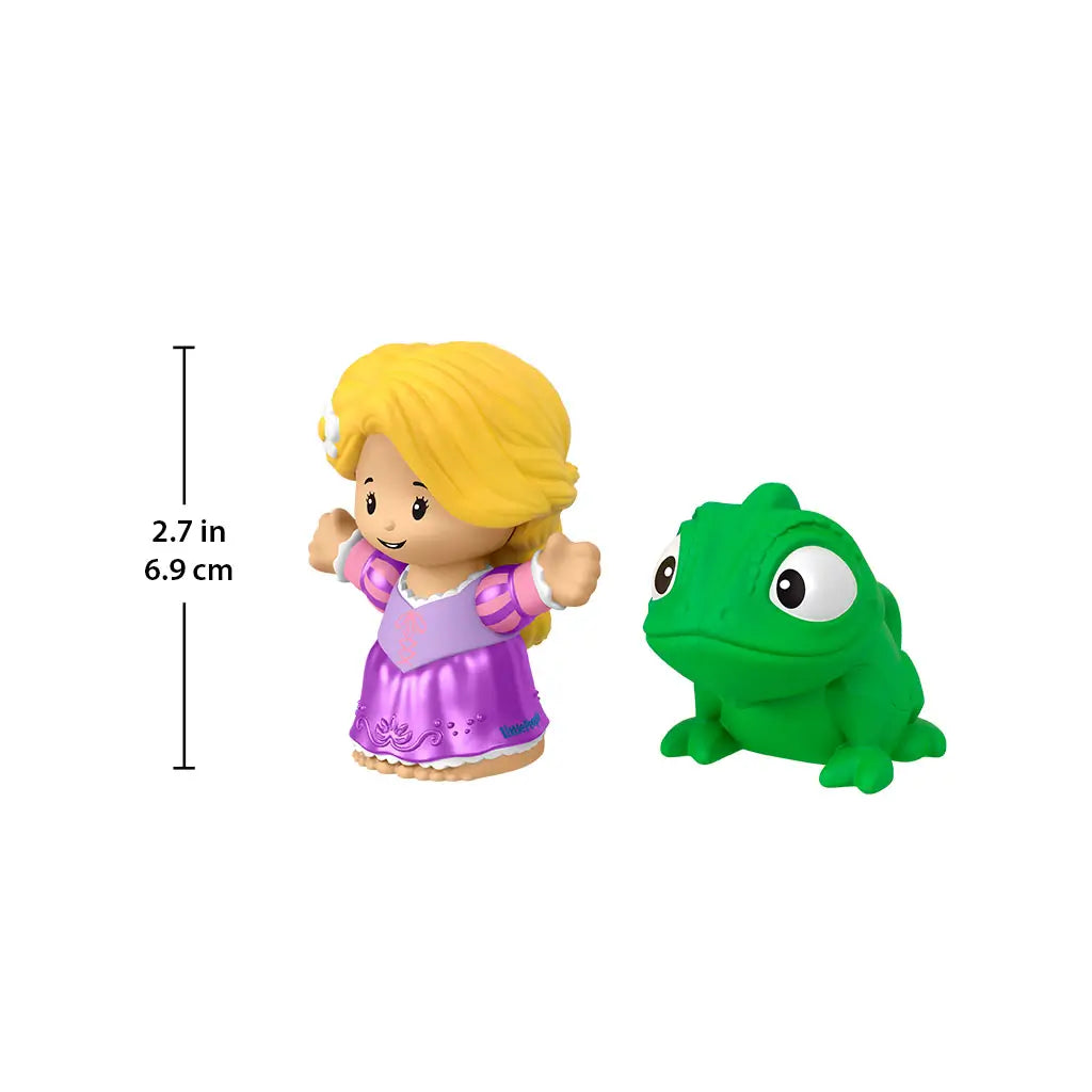 Disney Princess Rapunzel and Pascal Little People toy figures with vibrant plastic colors and smooth rounded forms, blonde princess and green chameleon shown with height measurement graphic, size reference on white background.