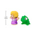 Disney Princess Rapunzel and Pascal Little People toy figures with vibrant plastic colors and smooth rounded forms, blonde princess and green chameleon shown with height measurement graphic, size reference on white background.