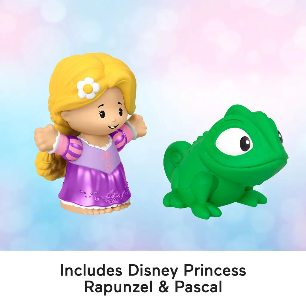 Disney Princess Rapunzel and Pascal Little People toy figures with bright plastic colors, smooth rounded shapes, blonde princess in purple dress and green chameleon companion, displayed on soft gradient background.