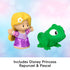 Disney Princess Rapunzel and Pascal Little People toy figures with bright plastic colors, smooth rounded shapes, blonde princess in purple dress and green chameleon companion, displayed on soft gradient background.