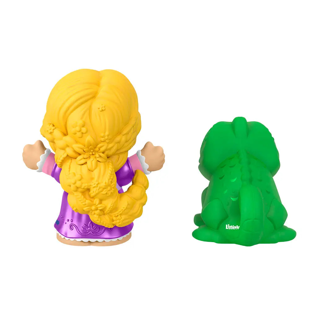 Disney Princess Rapunzel and Pascal Little People toy figures with smooth plastic texture, rounded forms, rear view showing detailed braided blonde hair and green chameleon shape, isolated on white background.