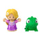 Disney Princess Rapunzel and Pascal Little People toy figures with bright colors and glossy plastic finish, rounded stylized shapes, blonde princess and green chameleon characters, displayed on white studio background.