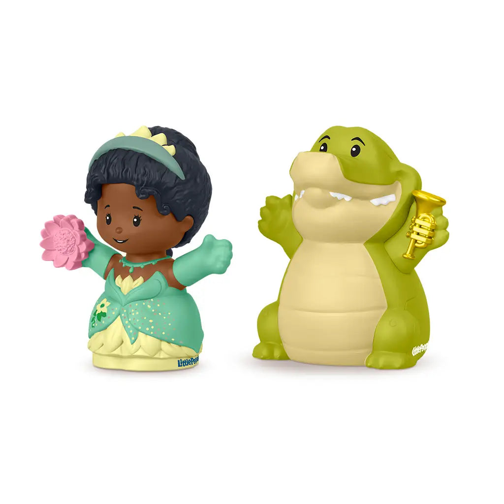 Disney Princess Tiana and Louis Little People toy figures with vibrant green and pastel plastic colors, smooth rounded forms, princess holding pink flower beside smiling crocodile with trumpet, angled on white background.