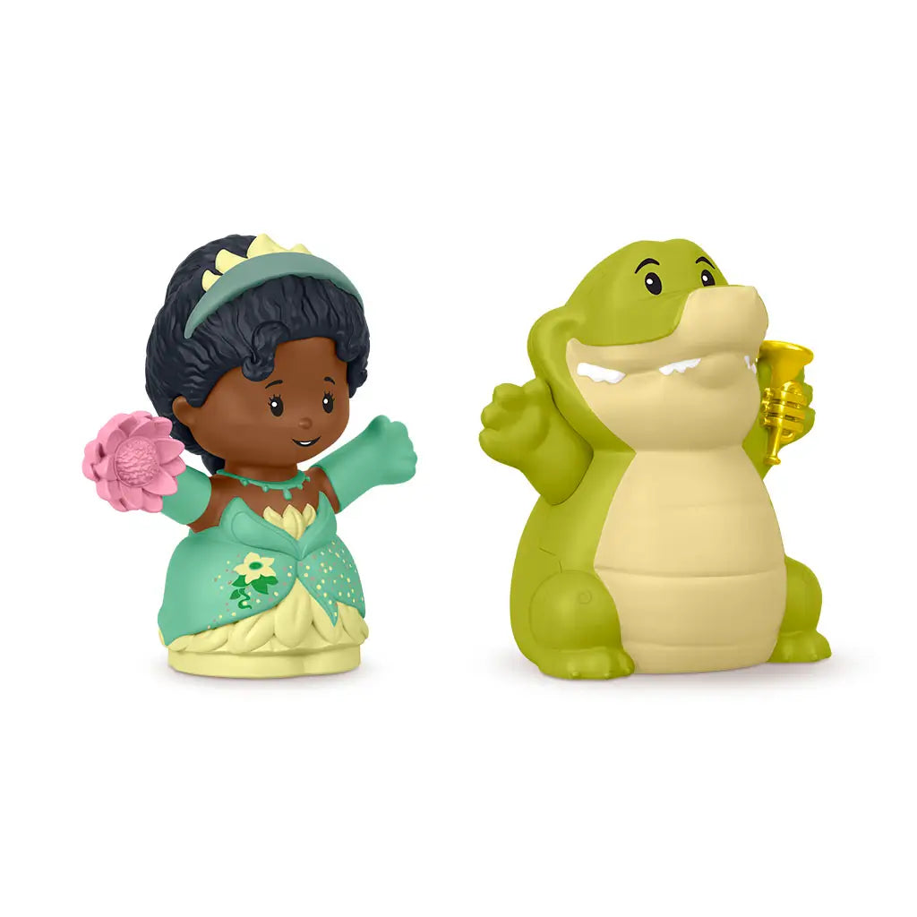 Disney Princess Tiana and Louis Little People toy figures with vibrant green and pastel colors, smooth rounded shapes, princess holding flower and crocodile with trumpet, displayed on clean white background.