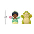 Disney Princess Tiana and Louis Little People toy figures with bright plastic colors and rounded shapes, princess in green dress and crocodile with trumpet shown with size scale graphic on white background.