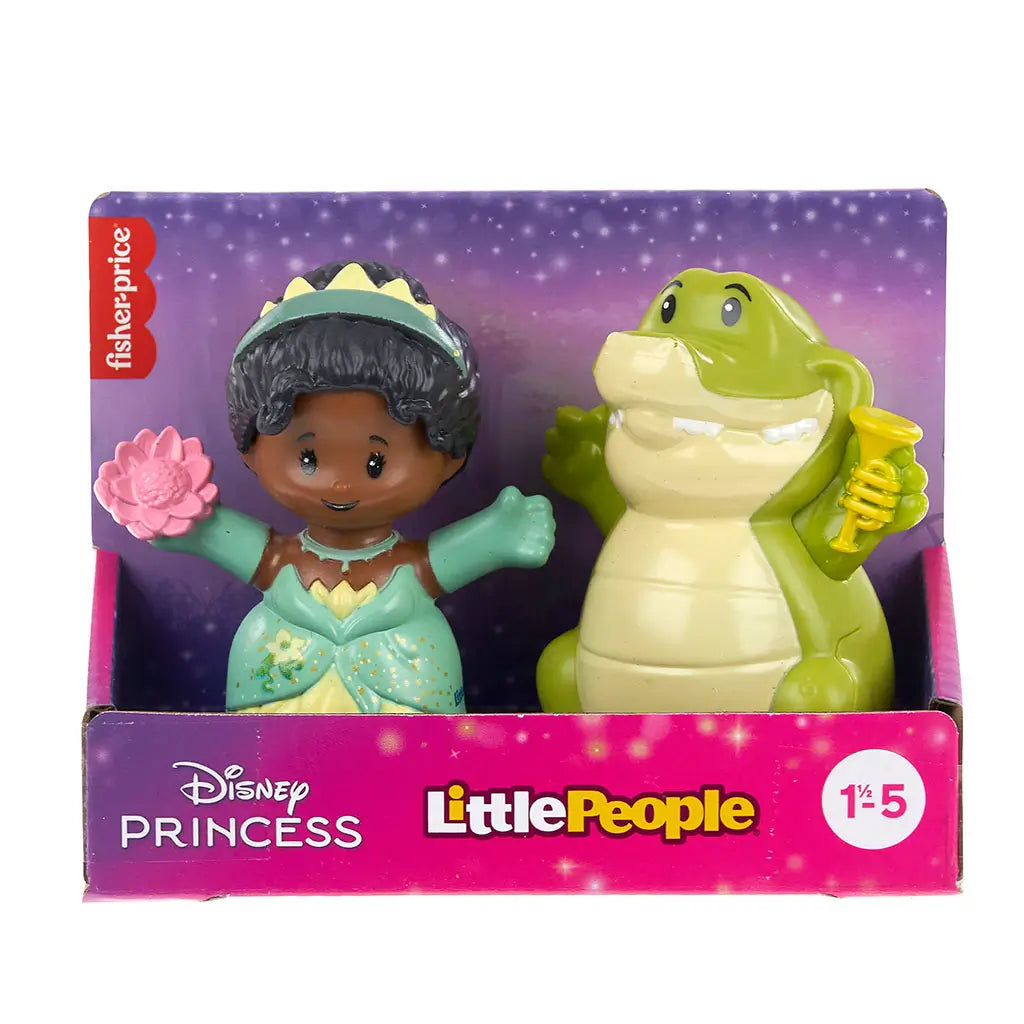 Disney Princess Tiana and Louis Little People toy figures with glossy plastic texture and rounded forms, princess in green dress and crocodile companion with trumpet, angled product view on white background.