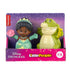 Disney Princess Tiana and Louis Little People toy figures with glossy plastic texture and rounded forms, princess in green dress and crocodile companion with trumpet, angled product view on white background.