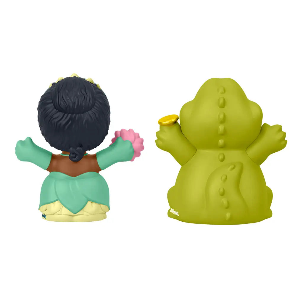 Disney Princess Tiana and Louis Little People toy figures with green plastic colors and smooth rounded shapes, rear view showing textured dress layers and crocodile ridges, displayed on plain white background.