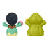 Disney Princess Tiana and Louis Little People toy figures with green plastic colors and smooth rounded shapes, rear view showing textured dress layers and crocodile ridges, displayed on plain white background.