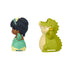 Disney Princess Tiana and Louis Little People toy figures with glossy plastic finish and rounded shapes, side profile view of princess holding flower and crocodile holding trumpet, isolated on white background.