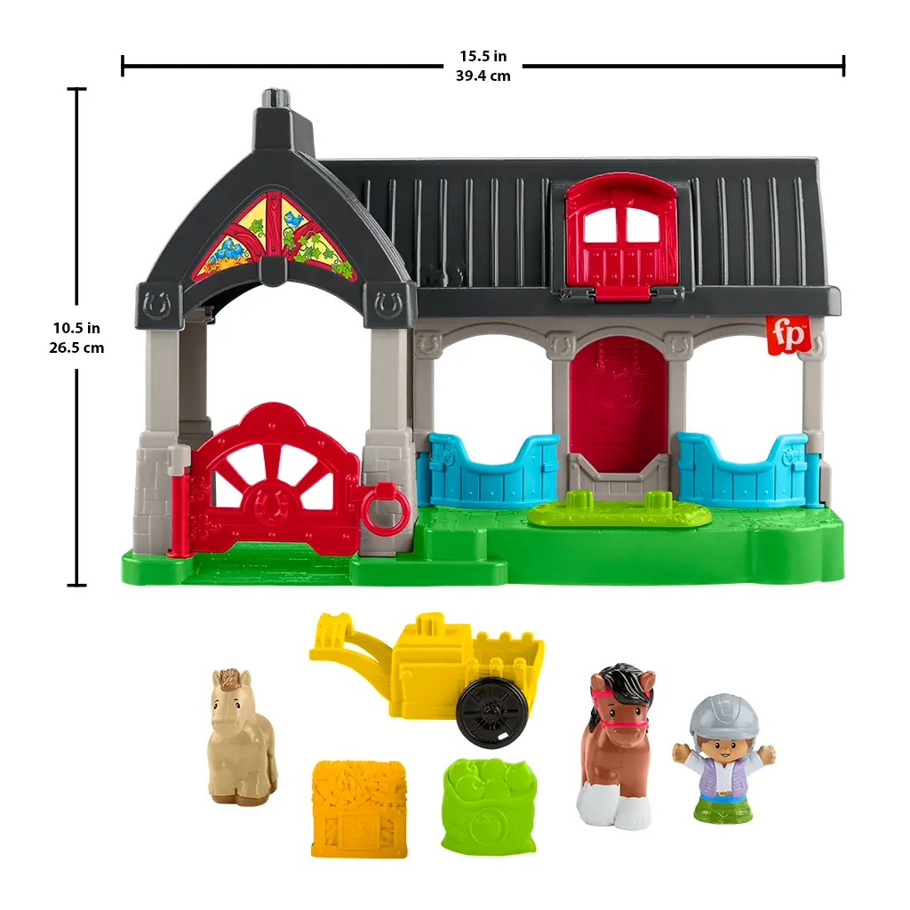 Fisher-Price Little People Friendly Horses Stable dimensions shown as 15.5 inches wide and 10.5 inches tall, with all accessories displayed.