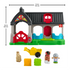 Fisher-Price Little People Friendly Horses Stable dimensions shown as 15.5 inches wide and 10.5 inches tall, with all accessories displayed.
