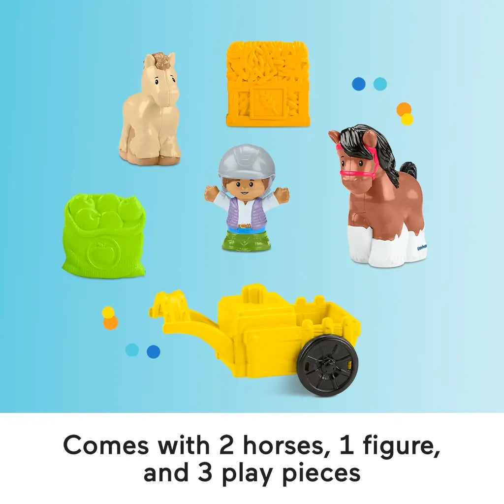 Fisher-Price Little People Friendly Horses Stable includes 2 horses, 1 rider, a yellow cart, hay bale, and green feed bag.
