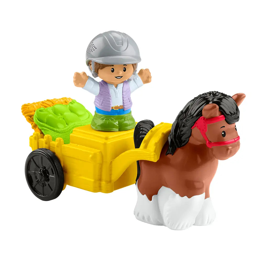 Fisher-Price Little People Friendly Horses Stable playset with horse figure pulling a yellow cart and a rider figure in a helmet.