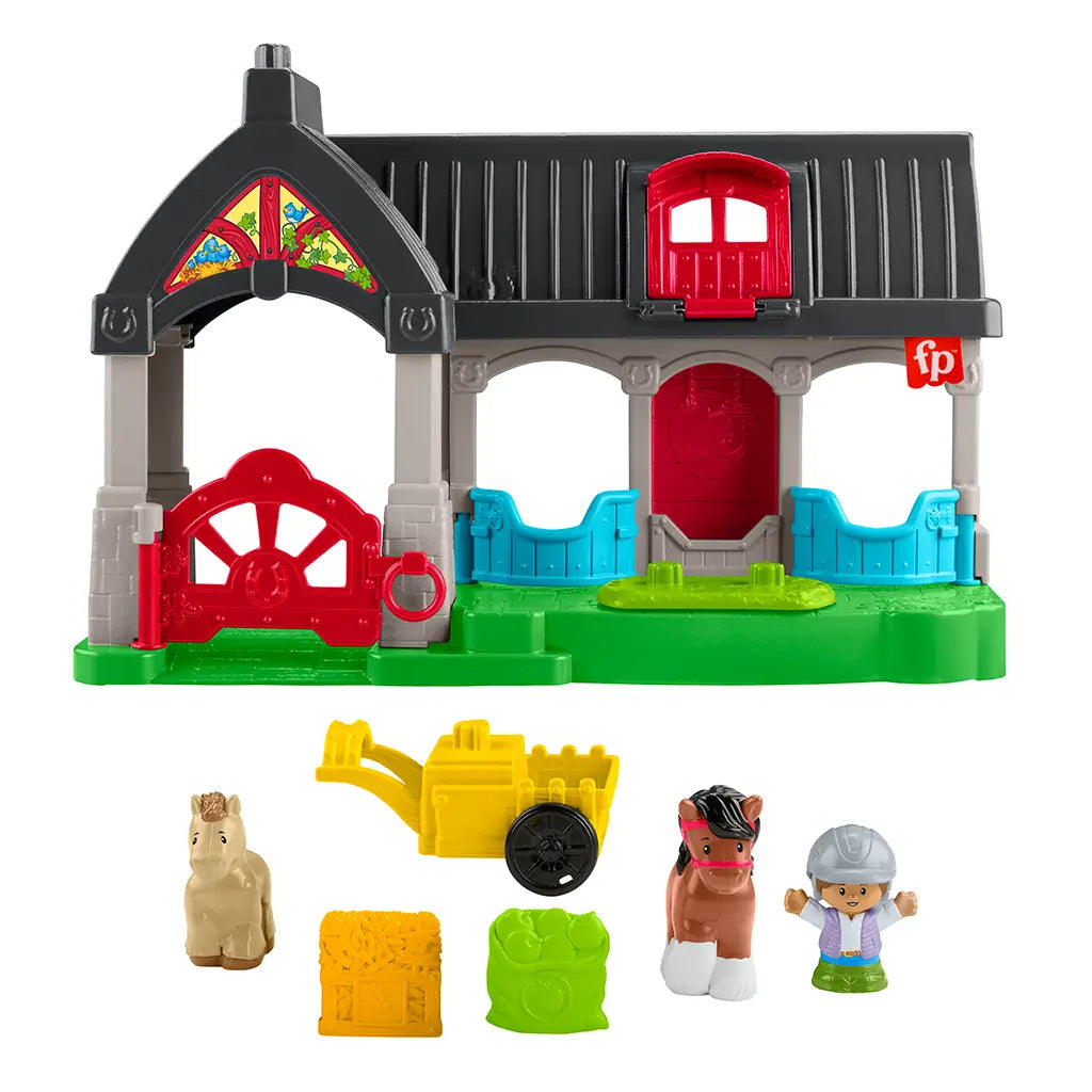 Complete Fisher-Price Little People Friendly Horses Stable playset with colorful barn, horse figures, and farming accessories.