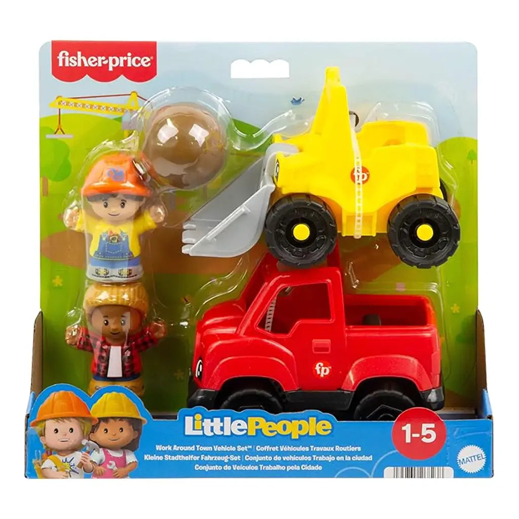 Fisher-Price Little People Work Around Town Vehicle Set in retail packaging showing red truck, yellow loader, brown play ball, and two smiling character figures for ages 1–5.