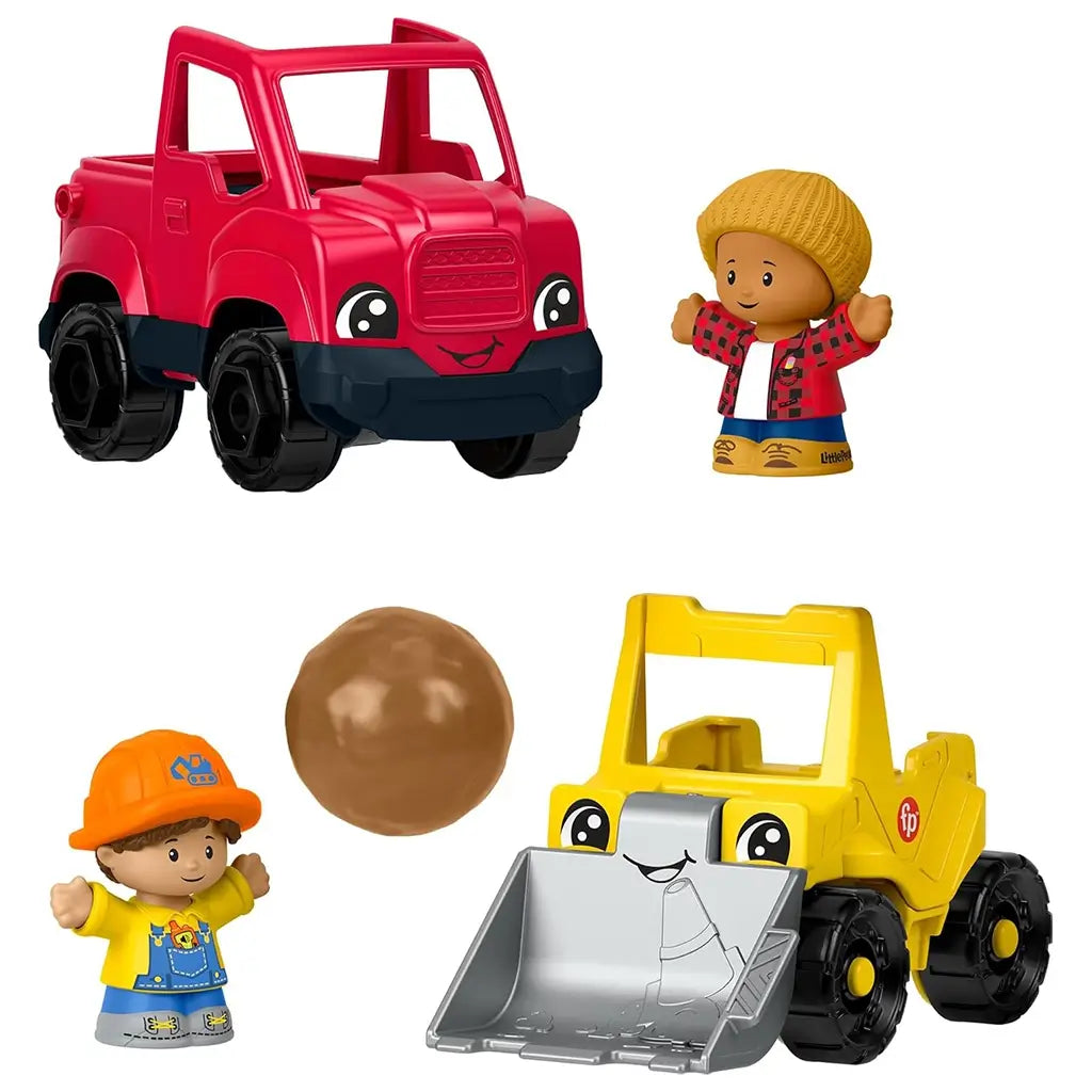 Fisher-Price Little People Work Around Town Vehicle Set featuring a red truck, yellow bulldozer with smiling faces, brown play ball, and two worker figures in colorful outfits.